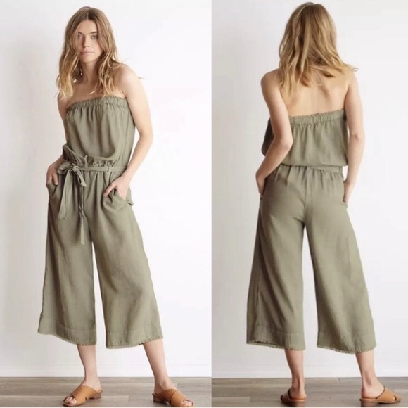 Anthropologie Cloth & Stone Strapless Wide Leg Jumpsuit | Khaki Boho - Picture 2 of 13